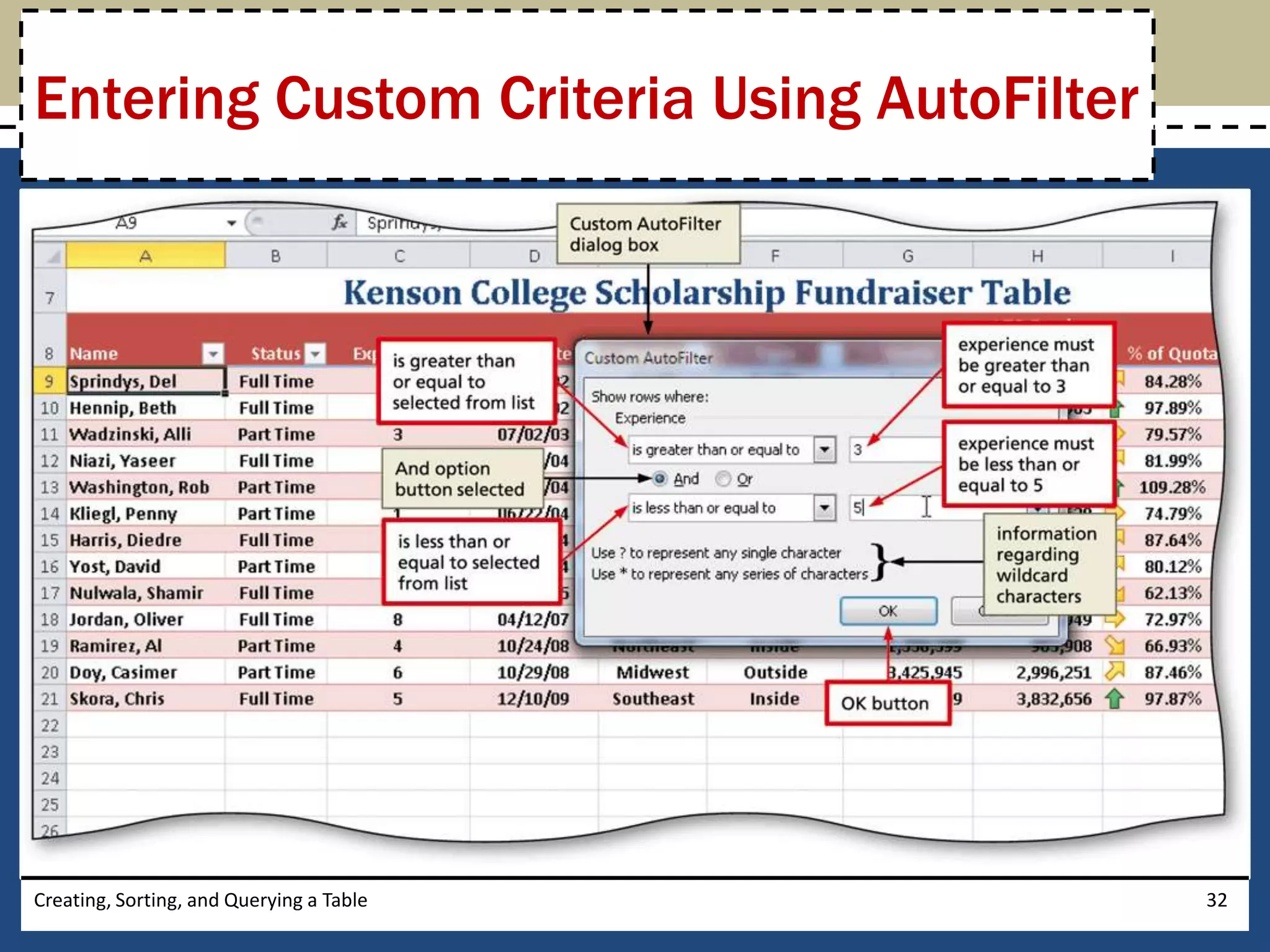 Entering Custom Criteria Using AutoFilter




Creating, Sorting, and Querying a Table     32
 