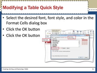 Modifying a Table Quick Style

• Select the desired font, font style, and color in the
  Format Cells dialog box
• Click the OK button
• Click the OK button




Creating, Sorting, and Querying a Table               11
 