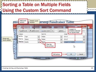 Sorting a Table on Multiple Fields
Using the Custom Sort Command




Creating, Sorting, and Querying a Table   28
 