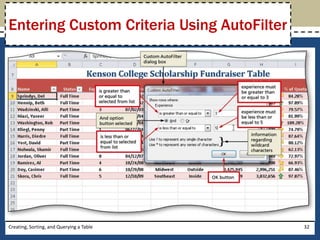 Entering Custom Criteria Using AutoFilter




Creating, Sorting, and Querying a Table     32
 
