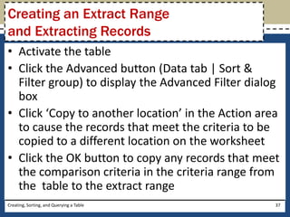 Creating an Extract Range
and Extracting Records
• Activate the table
• Click the Advanced button (Data tab | Sort &
  Filter group) to display the Advanced Filter dialog
  box
• Click ‘Copy to another location’ in the Action area
  to cause the records that meet the criteria to be
  copied to a different location on the worksheet
• Click the OK button to copy any records that meet
  the comparison criteria in the criteria range from
  the table to the extract range
Creating, Sorting, and Querying a Table             37
 