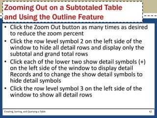 Zooming Out on a Subtotaled Table
and Using the Outline Feature
• Click the Zoom Out button as many times as desired
  to reduce the zoom percent
• Click the row level symbol 2 on the left side of the
  window to hide all detail rows and display only the
  subtotal and grand total rows
• Click each of the lower two show detail symbols (+)
  on the left side of the window to display detail
  Records and to change the show detail symbols to
  hide detail symbols
• Click the row level symbol 3 on the left side of the
  window to show all detail rows

Creating, Sorting, and Querying a Table                  42
 