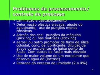 Problemas de processamento/ controle de processo Laminação e descabeçamento Deformação plástica elevada, ajuste do aglutinante,  uso de punções menos concâvas Adesão dos cps:  punções da máquina (picking) ou nas matrizes (sticking) aerosil ou outro promotor de fluxo de sílica coloidal, conc. de lubrificante, diluição de ativos ou excipientes de baixo ponto de fusão. Com outras de fusão mais elevado  Uso de maior volume de um excipiente que absorva água de (lactose) Retirada do excesso de umidade (2 a 4%) 