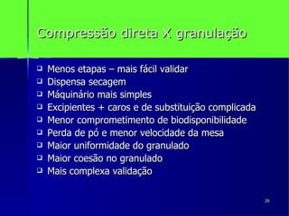 Compressão direta X granulação Menos etapas – mais fácil validar Dispensa secagem Máquinário mais simples Excipientes + caros e de substituição complicada Menor comprometimento de biodisponibilidade Perda de pó e menor velocidade da mesa Maior uniformidade do granulado Maior coesão no granulado Mais complexa validação 