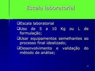 Escala laboratorial Escala laboratorial Uso de 5 a 10 Kg ou L de formulação; Usar equipamentos semelhantes ao processo final idealizado; Desenvolvimento e validação do método de análise; 