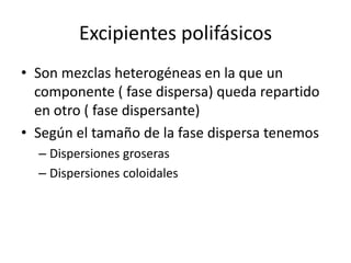 Excipientes polifásicos
• Son mezclas heterogéneas en la que un
componente ( fase dispersa) queda repartido
en otro ( fase dispersante)
• Según el tamaño de la fase dispersa tenemos
– Dispersiones groseras
– Dispersiones coloidales

 