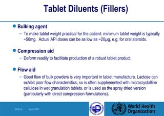 Tablet Diluents (Fillers) Bulking agent To make tablet weight practical for the patient: minimum tablet weight is typically ~50mg.  Actual API doses can be as low as ~20 µg, e.g. for oral steroids. Compression aid Deform readily to facilitate production of a robust tablet product. Flow aid Good flow of bulk powders is very important in tablet manufacture. Lactose can exhibit poor flow characteristics, so is often supplemented with microcrystalline cellulose in wet granulation tablets, or is used as the spray dried version (particularly with direct compression formulations). 