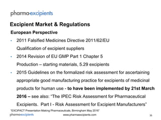 35www.pharmaexcipients.com
European Perspective
• 2011 Falsified Medicines Directive 2011/62/EU
Qualification of excipient suppliers
• 2014 Revision of EU GMP Part 1 Chapter 5
Production – starting materials, 5.29 excipients
• 2015 Guidelines on the formalized risk assessment for ascertaining
appropriate good manufacturing practice for excipients of medicinal
products for human use - to have been implemented by 21st March
2016 – see also: “The IPEC Risk Assessment for Pharmaceutical
Excipients. Part I - Risk Assessment for Excipient Manufacturers”
“EXCiPACT Presentation Making Pharmaceuticals, Birmingham May 2016”
Excipient Market & Regulations
 