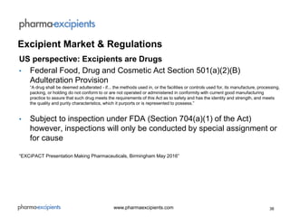 38www.pharmaexcipients.com
US perspective: Excipients are Drugs
• Federal Food, Drug and Cosmetic Act Section 501(a)(2)(B)
Adulteration Provision
“A drug shall be deemed adulterated - if... the methods used in, or the facilities or controls used for, its manufacture, processing,
packing, or holding do not conform to or are not operated or administered in conformity with current good manufacturing
practice to assure that such drug meets the requirements of this Act as to safety and has the identity and strength, and meets
the quality and purity characteristics, which it purports or is represented to possess.”
• Subject to inspection under FDA (Section 704(a)(1) of the Act)
however, inspections will only be conducted by special assignment or
for cause
“EXCiPACT Presentation Making Pharmaceuticals, Birmingham May 2016”
Excipient Market & Regulations
 