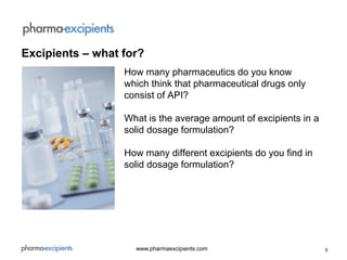 5www.pharmaexcipients.com
How many pharmaceutics do you know
which think that pharmaceutical drugs only
consist of API?
What is the average amount of excipients in a
solid dosage formulation?
How many different excipients do you find in
solid dosage formulation?
Excipients – what for?
 