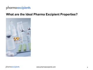 8www.pharmaexcipients.com
What are the Ideal Pharma Excipient Properties?
 