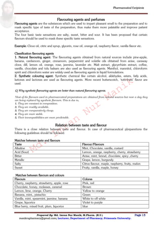Md.
Imran
Nur
Manik
Md.
Imran
Nur
Manik
Pharmaceutical Excipients
Prepared By: Md. Imran Nur Manik; M.Pharm. (R.U.) Page 13
manikrupharmacy@gmail.com; Lecturer; Department of Pharmacy; Primeasia University.
Flavouring agents and perfumes
Flavouring agents are the substances which are used to impart pleasant smell to the preparation and to
mask specific type of taste of the preparation, thus make them more palatable and improve patient
acceptance.
The four basic taste sensations are salty, sweet, bitter and sour. It has been proposed that certain
flavours should be used to mask these specific taste sensations.
Example: Clove oil, citric and syrup, glycerin, rose oil, orange oil, raspberry flavor, vanilla flavor etc.
Classification flavouring agents
1. Natural flavouring agent: The flavouring agents obtained from natural sources include pine-apple,
banana, cardamom, ginger, cinnamom, peppermint and volatile oils obtained from anise, caraway
clove, dill, lemon oil, orange, rose, jasmine, lavender etc. Malt extract, glycyrrhizin extract, coffee,
vanilla, chocolate and tolu balsam are also used as flavouring agents. Menthol, mannitol, chloroform
spirit and chloroform water are widely used as flavouring agents in liquid formulations.
2. Synthetic colouring agent: Synthetic chemical like certain alcohol, aldehydes, esters, fatly acids,
ketones and lactones are used as flavouring agents. More recent butterscotch, „tutti-frutti‟ flavor are
used.
Q. Why synthetic flavouring agents are better than natural flavouring agents.
Most of the flavours used in pharmaceutical preparations are obtained from natural sources but now a day they
are being replaced by synthetic flavours. This is due to,
1. They are constant in composition.
2. They are readily available.
3. They are comparatively cheap.
4. They are more stable.
5. Their incompatibilities are more predictable.
Relation between taste and flavour
There is a close relation between taste and flavour. In case of pharmaceutical p[reparations the
following guidelines should be followed.
Matches between taste and flavours
Taste Flavour/Flavours
Alkaline Mint, Chocolate, vanilla, custard
Acid (Sour) Lemon, orange, raspberry, cherry, strawberry
Bitter Anise, mint, fennel, chocolate, spicy ,cherry
Metallic Grape, lemon, burgundy
Salty Citrus flavour, maple, raspberry, fruity, melon
Sweet Fruity, vanilla, maple, honey
Matches between flavours and colours
Flavours Colures
Cherry, raspberry, strawberry, apple, rose Pink, red
Chocolate, honey, molasses, caramel Brown
Lemon, lime, orange, Cherry Yellow to orange
Banana, mint,, pistachio Green
Vanilla, mint, spearmint, jasmine, banana White to off white
Grape, liquorice Violet to purple
Blue berry, mixed fruit, plum, liquorice blue
 