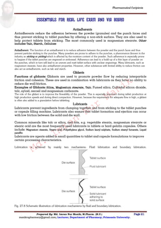 Md.
Imran
Nur
Manik
Md.
Imran
Nur
Manik
Pharmaceutical Excipients
Prepared By: Md. Imran Nur Manik; M.Pharm. (R.U.) Page 21
manikrupharmacy@gmail.com; Lecturer; Department of Pharmacy; Primeasia University.
Essentials for real life exam and via board
Antiadherents
Antiadherents reduce the adhesion between the powder (granules) and the punch faces and
thus prevent sticking to tablet punches by offering a non-stick surface. They are also used to
help protect tablets from sticking. The most commonly used is magnesium stearate. Other
includes Talc, Starch, Cellulose
Antiadherent: The function of an antiadherent is to reduce adhesion between the powder and the punch faces and thus
prevent particles sticking to the punches. Many powders are prone to adhere to the punches, a phenomenon (known in the
industry as sticking or picking) which is affected by the moisture content of the powder. Such adherence is especially prone
to happen if the tablet punches are engraved or embossed. Adherence can lead to a build-up of a thin layer of powder on
the punches, which in turn will lead to an uneven and matt tablet surface with unclear engravings. Many lubricants, such as
magnesium stearate, have also antiadherent properties. However, other substances with limited ability to reduce friction can
also act as antiadherents, such as talc and starch.
Glidants
Functions of glidants: Glidants are used to promote powder flow by reducing interparticle
friction and cohesion. These are used in combination with lubricants as they have no ability to
reduce die wall friction.
Examples of Glidants: Silica, Magnesium stearate, Talc, Fumed silica, Colloidal silicon dioxide,
talc, syloid, aerosil and magnesium carbonate.
The role of the glidant is to improve the flowability of the powder. This is especially important during tablet production at
high production speeds and during direct compaction. However, because the requirement for adequate flow is high, a glidant
is often also added to a granulation before tabletting.
Lubricants
Lubricants prevent ingredients from clumping together and from sticking to the tablet punches
or capsule filling machine. Lubricants also ensure that tablet formation and ejection can occur
with low friction between the solid and die wall.
Common minerals like talc or silica, and fats, e.g. vegetable stearin, magnesium stearate or
stearic acid are the most frequently used lubricants in tablets or hard gelatin capsules. Others
include: Magnesium stearate, Stearic acid, Polyethylene glycol, Sodium lauryl sulphate, Sodium stearyl fumarate, Liquid
paraffin
Lubricants are agents added in small quantities to tablet and capsule formulations to improve
certain processing characteristics.
Lubrication is achieved by mainly two mechanisms: Fluid lubrication and boundary lubrication.
Fig. 27.8 Schematic illustration of lubrication mechanisms by fluid and boundary lubrication.
 