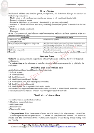 Md.
Imran
Nur
Manik
Md.
Imran
Nur
Manik
Pharmaceutical Excipients
Prepared By: Md. Imran Nur Manik; M.Pharm. (R.U.) Page 7
manikrupharmacy@gmail.com; Lecturer; Department of Pharmacy; Primeasia University.
Mode of Action
Preservatives interfere with microbial growth, multiplication, and metabolism through one or more of
the following mechanisms
• Modify cation of cell membrane permeability and leakage of cell constituents (partial lysis)
• Lysis and cytoplasmic leakage
• Irreversible coagulation of cytoplasmic constituents (e.g., protein precipitation)
• Inhibition of cellular metabolism, such as by interfering with enzyme systems or inhibition of cell wall
synthesis
• Oxidation of cellular constituents
• Hydrolysis
A few of the commonly used pharmaceutical preservatives and their probable modes of action are
presented in following Table
Preservative Probable modes of action
Benzoic acid, boric acid,
p-hydroxybenzoates
Denaturation of proteins
Phenols and chlorinated phenolic compounds Lytic and denaturation action on cytoplasmic membranes and
for chlorinated preservatives, also by oxidation of enzymes
Alcohols Lytic and denaturation action on membranes
Quaternary compounds Lytic action on membranes
Mercurials Denaturation of enzymes by combining with thiol (-SH) groups)
Ointment Bases
Ointments are greasy, semisolid preparations, often anhydrous and containing dissolved or dispersed
medicaments.
The ointment base is that substance or part of an ointment, which serves as a carrier or vehicle for the
medicament.
Properties of an ideal ointment base
An ideal ointment based should have the following criteria.
1. It should be inert.
2. It should be stable.
3. It should be smooth.
4. It should be compatible with the skin.
5. It should be non-toxic, non-irritating and nonvolatile.
7. It should have low melting point.
8. It should release the incorporated medicament readily.
Since there is no single ointment base available which possesses all these qualities, therefore it becomes
necessary to use more than one ointment base in the preparation of ointments.
Classification of ointment base
The ointment bases are classified as follows:
1. Oleaginous bases or fatty bases
2. Absorption bases
3. Emulsion bases
4. Water soluble bases.
1. Oleaginous Bases: These bases consist of water insoluble hydrophobic substances e.g. oils and fats.
The most important are the hydrocarbons. i.e. mineral oil, petrolatums and paraffins. The animal fat
includes lard. The combination of these materials can produce a product having desired melting point
and viscosity.
 