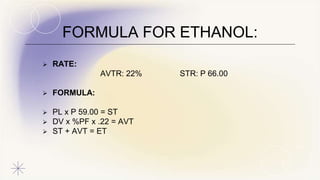  RATE:
AVTR: 22% STR: P 66.00
 FORMULA:
 PL x P 59.00 = ST
 DV x %PF x .22 = AVT
 ST + AVT = ET
FORMULA FOR ETHANOL:
 
