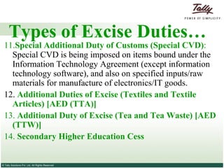 Types of Excise Duties… 11. Special Additional Duty of Customs (Special CVD) :  Special CVD is being imposed on items bound under the Information Technology Agreement (except information technology software), and also on specified inputs/raw materials for manufacture of electronics/IT goods. 12.  Additional Duties of Excise (Textiles and Textile  Articles) [AED (TTA)] 13.  Additional Duty of Excise (Tea and Tea Waste) [AED (TTW)] 14.  Secondary Higher Education Cess 