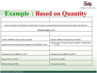 Example  :  Based on Quantity   Packing Charges (3,750)  Packing Charges (1,250)  Value of Item Y (60000) + Value of Item X (20,000) + Assessable Value of  Item Y  (63,750) =  Assessable Value of  Item X  (21,250) =      Apportionment of Packing Charges to  Item Y : 5,000*600/800 = 3,750  Apportionment of Packing Charges to  Item X : 5,000*200/800 =1,250  Quantity of  Item Y  is 600 and Value is 60,000  Quantity of  Item X  is 200 and Value is 20,000      Packing charges  is 5,000  Based on Quantity In case of Based on Quantity method of apportion, expenses will be apportioned based on the quantity of the Stock item.    