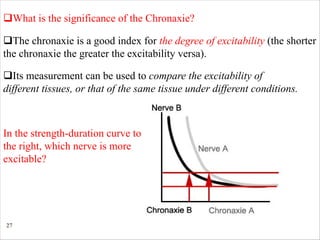 27
qWhat is the significance of the Chronaxie?
qIts measurement can be used to compare the excitability of
different tissues, or that of the same tissue under different conditions.
qThe chronaxie is a good index for the degree of excitability (the shorter
the chronaxie the greater the excitability versa).
In the strength-duration curve to
the right, which nerve is more
excitable?
 