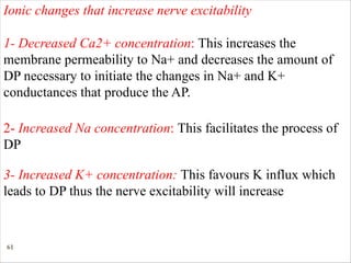 61
Ionic changes that increase nerve excitability
1- Decreased Ca2+ concentration: This increases the
membrane permeability to Na+ and decreases the amount of
DP necessary to initiate the changes in Na+ and K+
conductances that produce the AP.
2- Increased Na concentration: This facilitates the process of
DP
3- Increased K+ concentration: This favours K influx which
leads to DP thus the nerve excitability will increase
 