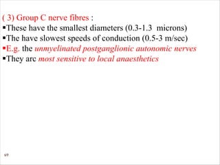 69
( 3) Group C nerve fibres :
§These have the smallest diameters (0.3-1.3 microns)
§The have slowest speeds of conduction (0.5-3 m/sec)
§E.g. the unmyelinated postganglionic autonomic nerves
§They arc most sensitive to local anaesthetics
 