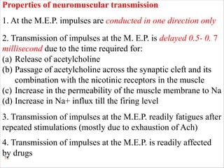 78
Properties of neuromuscular transmission
1. At the M.E.P. impulses are conducted in one direction only
2. Transmission of impulses at the M. E.P. is delayed 0.5- 0. 7
millisecond due to the time required for:
(a) Release of acetylcholine
(b) Passage of acetylcholine across the synaptic cleft and its
combination with the nicotinic receptors in the muscle
(c) Increase in the permeability of the muscle membrane to Na
(d) Increase in Na+ influx till the firing level
3. Transmission of impulses at the M.E.P. readily fatigues after
repeated stimulations (mostly due to exhaustion of Ach)
4. Transmission of impulses at the M.E.P. is readily affected
by drugs
 