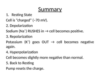 Summary
1. Resting State
Cell is “charged” (–70 mV).
2. Depolarization
Sodium (Na⁺) RUSHES in → cell becomes positive.
3. Repolarization
Potassium (K⁺) goes OUT → cell becomes negative
again.
4. Hyperpolarization
Cell becomes slightly more negative than normal.
5. Back to Resting
Pump resets the charge.
 