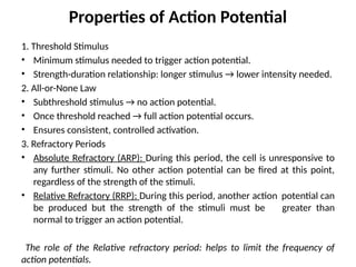 Properties of Action Potential
1. Threshold Stimulus
• Minimum stimulus needed to trigger action potential.
• Strength-duration relationship: longer stimulus → lower intensity needed.
2. All-or-None Law
• Subthreshold stimulus → no action potential.
• Once threshold reached → full action potential occurs.
• Ensures consistent, controlled activation.
3. Refractory Periods
• Absolute Refractory (ARP): During this period, the cell is unresponsive to
any further stimuli. No other action potential can be fired at this point,
regardless of the strength of the stimuli.
• Relative Refractory (RRP): During this period, another action potential can
be produced but the strength of the stimuli must be greater than
normal to trigger an action potential.
The role of the Relative refractory period: helps to limit the frequency of
action potentials.
 
