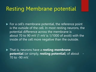 Resting Membrane potential
 For a cell’s membrane potential, the reference point
is the outside of the cell. In most resting neurons, the
potential difference across the membrane is
about 70 to 90 mV (1 mV is 1/1000 of avolt) with the
inside of the cell more negative than the outside.
 That is, neurons have a resting membrane
potential (or simply, resting potential) of about -
70 to -90 mV.
 
