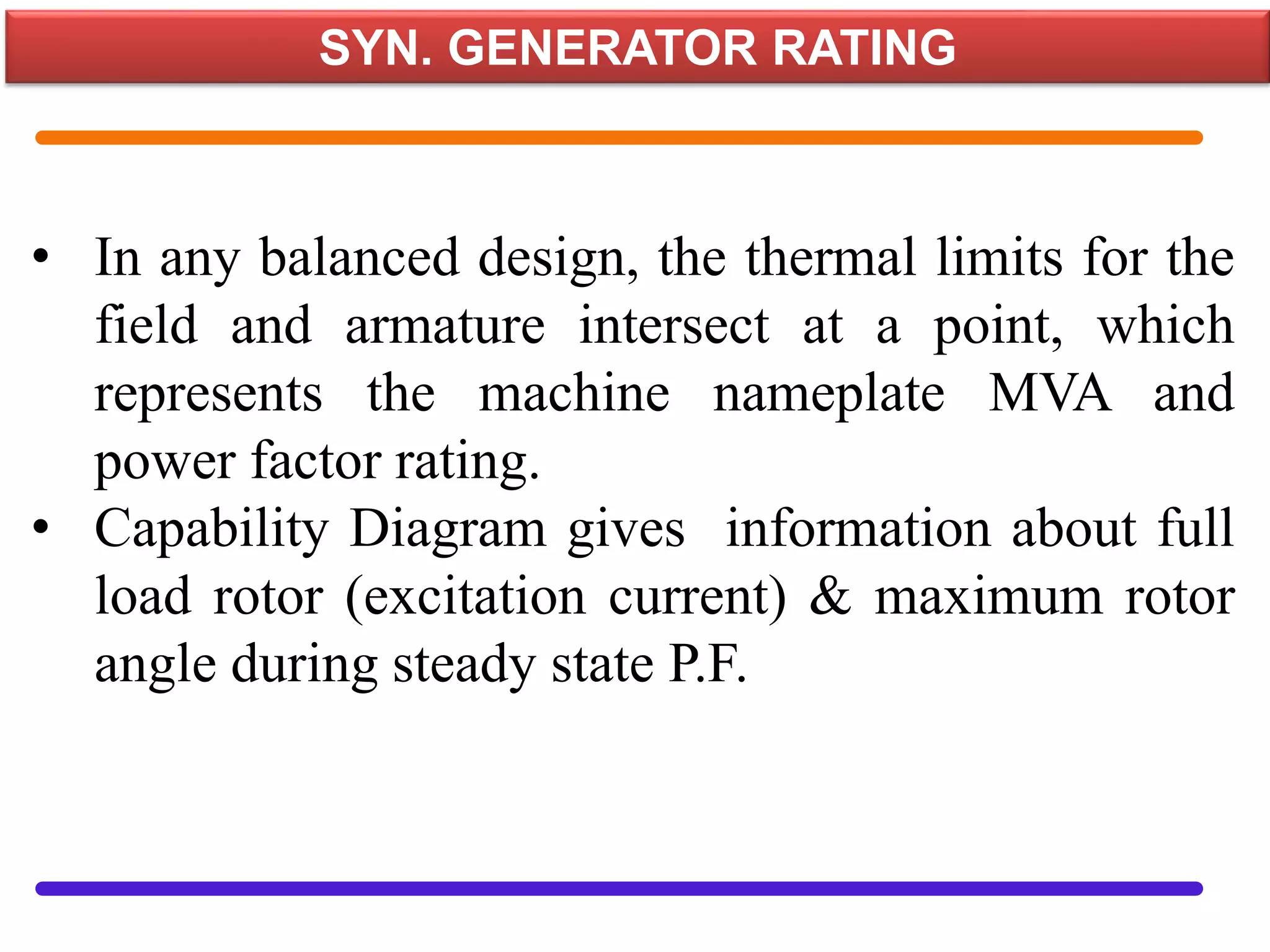 SYN. GENERATOR RATING
• In any balanced design, the thermal limits for the
field and armature intersect at a point, which
represents the machine nameplate MVA and
power factor rating.
• Capability Diagram gives information about full
load rotor (excitation current) & maximum rotor
angle during steady state P.F.
 