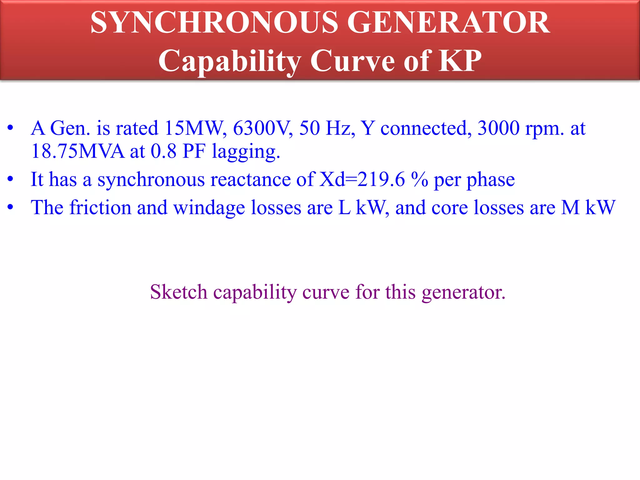 SYNCHRONOUS GENERATOR
Capability Curve of KP
• A Gen. is rated 15MW, 6300V, 50 Hz, Y connected, 3000 rpm. at
18.75MVA at 0.8 PF lagging.
• It has a synchronous reactance of Xd=219.6 % per phase
• The friction and windage losses are L kW, and core losses are M kW
Sketch capability curve for this generator.
 