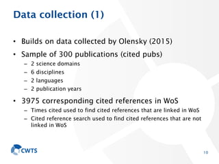 Data collection (1)
• Builds on data collected by Olensky (2015)
• Sample of 300 publications (cited pubs)
– 2 science domains
– 6 disciplines
– 2 languages
– 2 publication years
• 3975 corresponding cited references in WoS
– Times cited used to find cited references that are linked in WoS
– Cited reference search used to find cited references that are not
linked in WoS
10
 