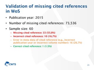 Validation of missing cited references
in WoS
• Publication year: 2015
• Number of missing cited references: 73,536
• Sample size: 60
– Missing cited reference: 33 (55.0%)
– Incorrect cited reference: 10 (16.7%)
– Error in meta data of cited reference (e.g., incorrect
publication year or incorrect volume number): 16 (26.7%)
– Correct cited reference: 1 (1.5%)
23
 