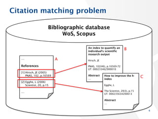Citation matching problem
4
…
References
[1] Hirsch, JE (2005)
PNAS, 102, p.16569
[2] Egghe, L (2006)
Scientist, 20, p.15
…
An index to quantify an
individual's scientific
research output
Hirsch, JE
PNAS, 102(46), p.16569-72
UT: 000233462900010
Abstract
…
How to improve the h-
index
Egghe, L
The Scientist, 20(3), p.15
UT: 000235634200013
Abstract
…
Bibliographic database
WoS, Scopus
A
B
C
 