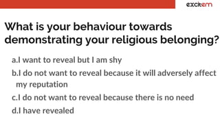 What is your behaviour towards
demonstrating your religious belonging?
a.I want to reveal but I am shy
b.I do not want to reveal because it will adversely affect
my reputation
c.I do not want to reveal because there is no need
d.I have revealed
 
