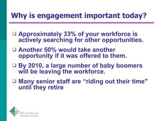 Why is engagement important today? <ul><li>Approximately 33% of your workforce is actively searching for other opportuniti...