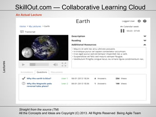 All the Concepts and Ideas are Copyright (C) 2013. All Rights Reserved Being Agile Team
Straight from the source (TM)
Lectures
An Actual Lecture
SkillOut.com — Collaborative Learning Cloud
 