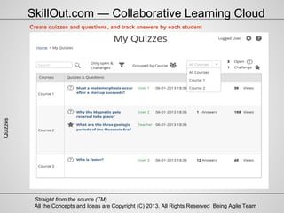 All the Concepts and Ideas are Copyright (C) 2013. All Rights Reserved Being Agile Team
Straight from the source (TM)
Quizzes
Create quizzes and questions, and track answers by each student
SkillOut.com — Collaborative Learning Cloud
 
