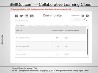 All the Concepts and Ideas are Copyright (C) 2013. All Rights Reserved Being Agile Team
Straight from the source (TM)
Community
Enjoy socializing with the teammates, teachers, other professional
SkillOut.com — Collaborative Learning Cloud
 