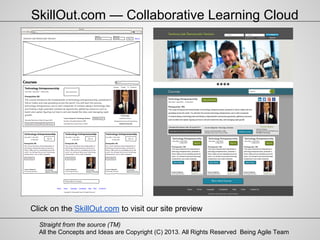 All the Concepts and Ideas are Copyright (C) 2013. All Rights Reserved Being Agile Team
Straight from the source (TM)
Click on the SkillOut.com to visit our site preview
SkillOut.com — Collaborative Learning Cloud
 