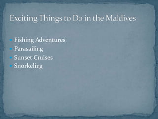  Fishing Adventures
 Parasailing
 Sunset Cruises
 Snorkeling
 