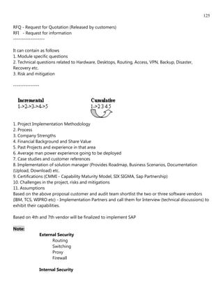 125

RFQ - Request for Quotation (Released by customers)
RFI - Request for information
------------------

It can contain as follows
1. Module specific questions
2. Technical questions related to Hardware, Desktops, Routing, Access, VPN, Backup, Disaster,
Recovery etc.
3. Risk and mitigation

---------------




1. Project Implementation Methodology
2. Process
3. Company Strengths
4. Financial Background and Share Value
5. Past Projects and experience in that area
6. Average man power experience going to be deployed
7. Case studies and customer references
8. Implementation of solution manager (Provides Roadmap, Business Scenarios, Documentation
(Upload, Download) etc.
9. Certifications (CMMI - Capability Maturity Model, SIX SIGMA, Sap Partnership)
10. Challenges in the project, risks and mitigations
11. Assumptions
Based on the above proposal customer and audit team shortlist the two or three software vendors
(IBM, TCS, WIPRO etc) - Implementation Partners and call them for Interview (technical discussions) to
exhibit their capabilities.

Based on 4th and 7th vendor will be finalized to implement SAP

Note:
                  External Security
                        Routing
                        Switching
                        Proxy
                        Firewall

                  Internal Security
 