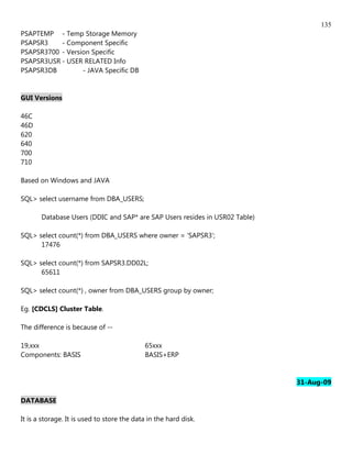 135
PSAPTEMP - Temp Storage Memory
PSAPSR3    - Component Specific
PSAPSR3700 - Version Specific
PSAPSR3USR - USER RELATED Info
PSAPSR3DB         - JAVA Specific DB


GUI Versions

46C
46D
620
640
700
710

Based on Windows and JAVA

SQL> select username from DBA_USERS;

       Database Users (DDIC and SAP* are SAP Users resides in USR02 Table)

SQL> select count(*) from DBA_USERS where owner = 'SAPSR3';
      17476

SQL> select count(*) from SAPSR3.DD02L;
      65611

SQL> select count(*) , owner from DBA_USERS group by owner;

Eg. [CDCLS] Cluster Table.

The difference is because of --

19,xxx                                      65xxx
Components: BASIS                           BASIS+ERP


                                                                             31-Aug-09

DATABASE

It is a storage. It is used to store the data in the hard disk.
 