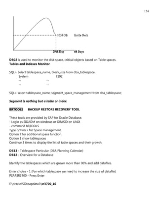 154




DB02 is used to monitor the disk space, critical objects based on Table spaces.
Tables and Indexes Monitor

SQL> Select tablespace_name, block_size from dba_tablespace.
      System                    8192
      --                 --
      --                 --

SQL> select tablespace_name, segment_space_management from dba_tablespace;

Segment is nothing but a table or index.

BRTOOLS       BACKUP RESTORE RECOVERY TOOL

These tools are provided by SAP for Oracle Database.
- Login as SIDADM on windows or ORASID on UNIX
- command BRTOOLS
Type option 2 for Space management.
Option 7 for additional space function.
Option 1 show tablespaces
Continue 3 times to display the list of table spaces and their growth.

DB13 - Tablespace Particular (DBA Planning Calendar)
DB12 - Overview for a Database

Identify the tablespaces which are grown more than 90% and add datafiles.

Enter choice - 1 (For which tablespace we need to increase the size of datafile)
PSAPSR3700 - Press Enter

E:oracleSIDsapdata3sr3700_16
 