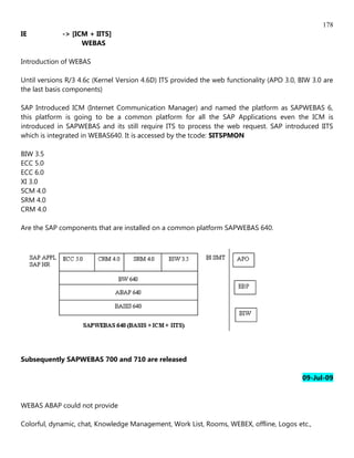 178
IE           -> [ICM + IITS]
                   WEBAS

Introduction of WEBAS

Until versions R/3 4.6c (Kernel Version 4.6D) ITS provided the web functionality (APO 3.0, BIW 3.0 are
the last basis components)

SAP Introduced ICM (Internet Communication Manager) and named the platform as SAPWEBAS 6,
this platform is going to be a common platform for all the SAP Applications even the ICM is
introduced in SAPWEBAS and its still require ITS to process the web request. SAP introduced IITS
which is integrated in WEBAS640. It is accessed by the tcode: SITSPMON

BIW 3.5
ECC 5.0
ECC 6.0
XI 3.0
SCM 4.0
SRM 4.0
CRM 4.0

Are the SAP components that are installed on a common platform SAPWEBAS 640.




Subsequently SAPWEBAS 700 and 710 are released

                                                                                            09-Jul-09


WEBAS ABAP could not provide

Colorful, dynamic, chat, Knowledge Management, Work List, Rooms, WEBEX, offline, Logos etc.,
 