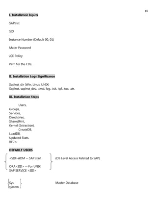 18
I. Installation Inputs

SAPInst

SID

Instance Number (Default 00, 01)

Mater Password

JCE Policy

Path for the CDs.


II. Installation Logs Significance

Sapinst_dir (Win, Linux, UNIX)
Sapinst, sapinst_dev, .cmd, log, .tsk, .tpl, .toc, .str.

III. Installation Steps

       Users,
Groups,
Services,
Directories,
SharedMnt,
Kernel (Extraction),
       CreateDB,
LoadDB,
Updated Stats,
RFC's

DEFAULT USERS

<SID>ADM -- SAP start                  (OS Level Access Related to SAP)

ORA<SID> -- For UNIX
SAP SERVICE <SID>


Sys                                    Master Database
system
 