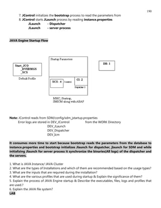 190
      7. JControl initializes the bootstrap process to read the parameters from
      8. JControl starts JLaunch process by reading instance.properties
            JLaunch         - Dispatcher
            JLaunch         - server process


JAVA Engine Startup Flow




Note: JControl reads from SDM/config/sdm_jstartup.properties
     Error logs are stored in DEV_JControl         from the WORK Directory
                           DEV_JLaunch
                           DEV_Dispatcher
                           DEV_Icm

It consumes more time to start because bootstrap reads the parameters from the database to
instance.properties and bootstrap initializes Jlaunch for dispatcher, jlaunch for SDM and while
initializing Jlaunch for server process it synchronize the binaries(All logs) of the dispatcher and
the servers.

1. What is JAVA Instance/ JAVA Cluster
2. What are the types of Installations and which of them are recommended based on the usage types?
3. What are the inputs that are required during the installation?
4. What are the various profiles that are used during startup & Explain the significance of them?
5. Explain the process of JAVA Engine startup & Describe the executables, files, logs and profiles that
are used.?
6. Explain the JAVA file system?
LAB
 