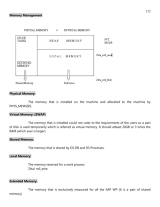 212
Memory Management




Physical Memory:

          The memory that is installed on the machine and allocated to the machine by
PHYS_MEMSIZE.

Virtual Memory: (SWAP)

              The memory that is installed could not cater to the requirements of the users so a part
of disk is used temporarily which is referred as virtual memory. It should atleast 20GB or 3 times the
RAM (which ever is larger)

Shared Memory:

             The memory that is shared by OS DB and R3 Processes.

Local Memory:

             The memory reserved for a work process
             Ztta/ roll_area


Extended Memory:

             The memory that is exclusively measured for all the SAP WP (It is a part of shared
memory)
 