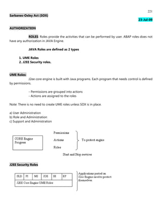 221
Sarbanes-Oxley Act (SOX)
                                                                                           23-Jul-09

AUTHORIZATION

             ROLES: Roles provide the activities that can be performed by user. ABAP roles does not
have any authorization in JAVA Engine.

             JAVA Roles are defined as 2 types

      1. UME Roles
      2. J2EE Security roles.


UME Roles:
             J2ee core engine is built with Java programs. Each program that needs control is defined
by permissions.

             - Permissions are grouped into actions
             - Actions are assigned to the roles

Note: There is no need to create UME roles unless SOX is in place.

a) User Administration
b) Role and Administration
c) Support and Administration




J2EE Security Roles
 