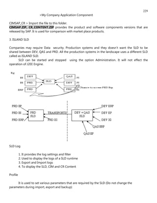 229
                         >My Company Application Component

CIMSAP_CR > Import the file to this folder.
CIMSAP.ZIP, CR_CONTENT.ZIP provides the product and software components versions that are
released by SAP. It is used for comparison with market place products.

3. ISLAND SLD

Companies may require Data security. Production systems and they doesn't want the SLD to be
shared between DEV, QAS and PRD. All the production systems in the landscape uses a different SLD
called as ISLAND SLD.
       SLD can be started and stopped using the option Administration. It will not effect the
operation of J2EE Engine.




SLD Log

          1. It provides the log settings and filter
          2. Used to display the logs of a SLD runtime
          3. Export and Import logs
          4. To display the SLD, CIM and CR Content

Profile

     It is used to set various parameters that are required by the SLD (Do not change the
parameters during import, export and backup)
 