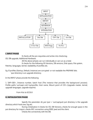 234




I. INPUT PHASE
                    It checks all the pre-requisites and writes into checks.log
OS, DB upgrade, Additional Hardware.
                    All the above phases can run individually or can run as a total.
                    It checks for the following OS Versions, DB versions, Disk space, File system,
Patches, languages, kernel, readability of profiles etc.

Eg: If profiles (Startup, Default, Instance) are corrupted or not readable the PREPARE fails.
        put directory is an upgrade directory.

In the INPUT phase provide the following

1. SAP<SID>, Instance number, batch host (The instance that provides the background process).
Profile paths usrsap<sid>sysprofile, Host name, Mount point of CD's (Upgrade master, kernel,
upgrade languages, upgrade exports)

              From 4.6c to ECC6.0

II. INITIALISATION PHASE

                     Specify the parameter dir_put (put = usrsapput) put directory is the upgrade
directory which hosts exe, log etc.
                     During initialization it checks for OS, DB Versions, checks for enough space in the
put directory for import, checks RFC connection using DDIC pwd and the client.
                     Checks the connectivity with the DB.
 
